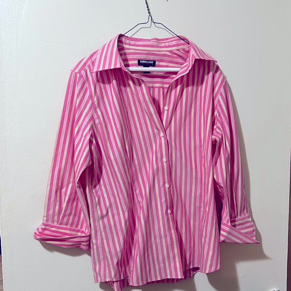 3/$20 Kirkland button down striped office shirt collared pink 12/14 Large